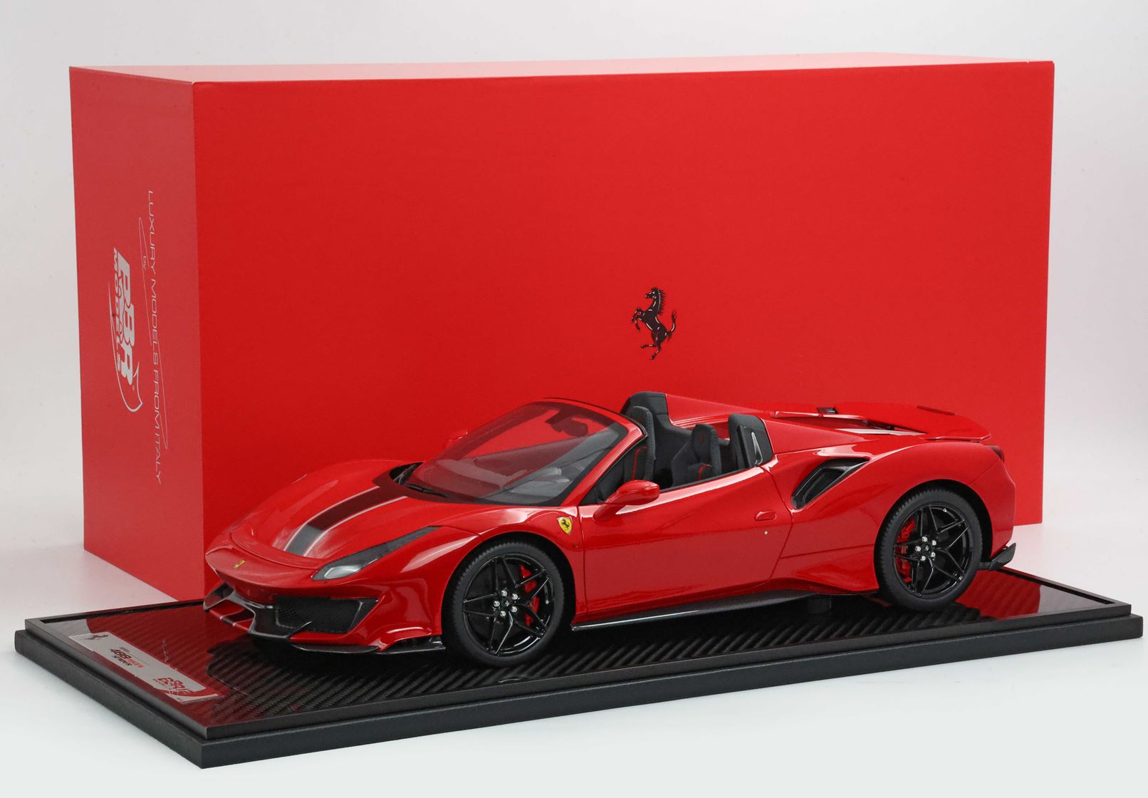 BBR Ferrari 488 Pista Spider Open roof Rosso Corsa - black silver stripe - 1/12